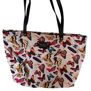 Rossetti Tan and Multi-Colored Satin Butterfly Zippered Medium Tote Bag, EUC